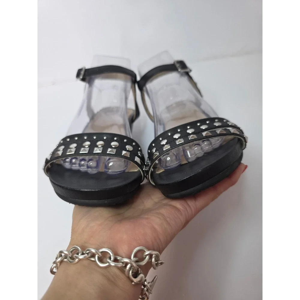 Abeo BIO System Black Leather Studded Wedge Sandals W's 8 Strappy Buckle Edgy